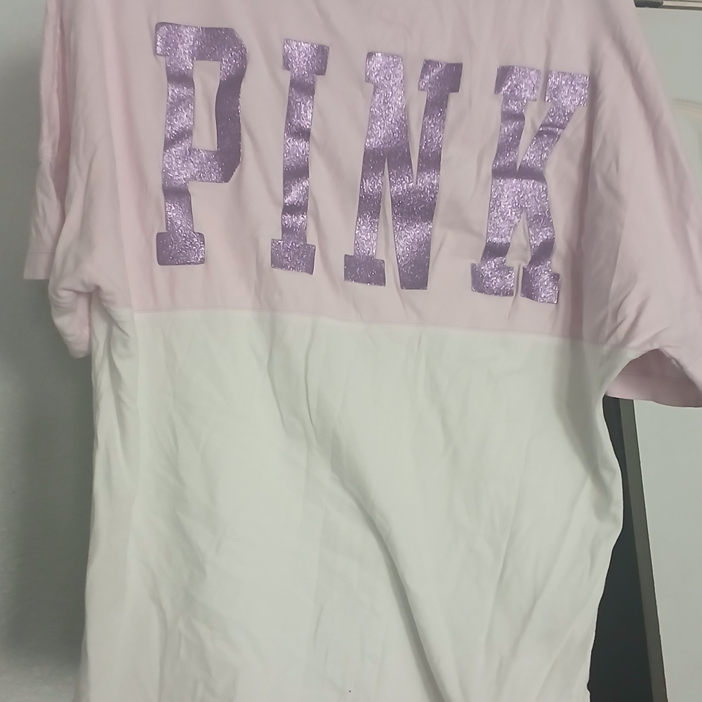 PINK Victoria's Secret Pastel Pink and White Off-Shoulder Sweater
